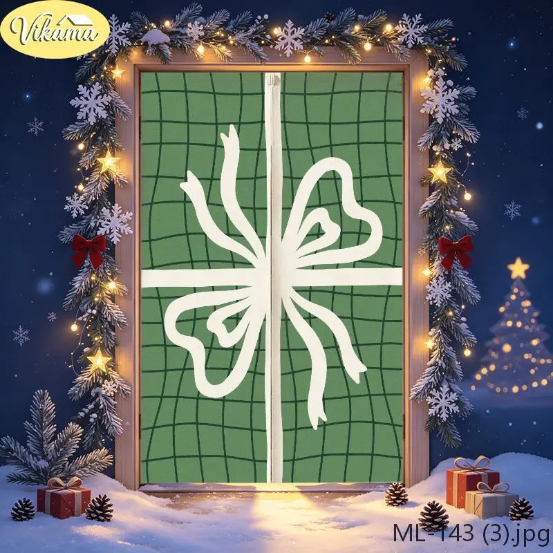 VIKAMA Christmas Green Plaid Gift Bow Door Curtain White Ribbon Present Box Shape Minimalist Holiday Linen Noren Bedroom Kitchen