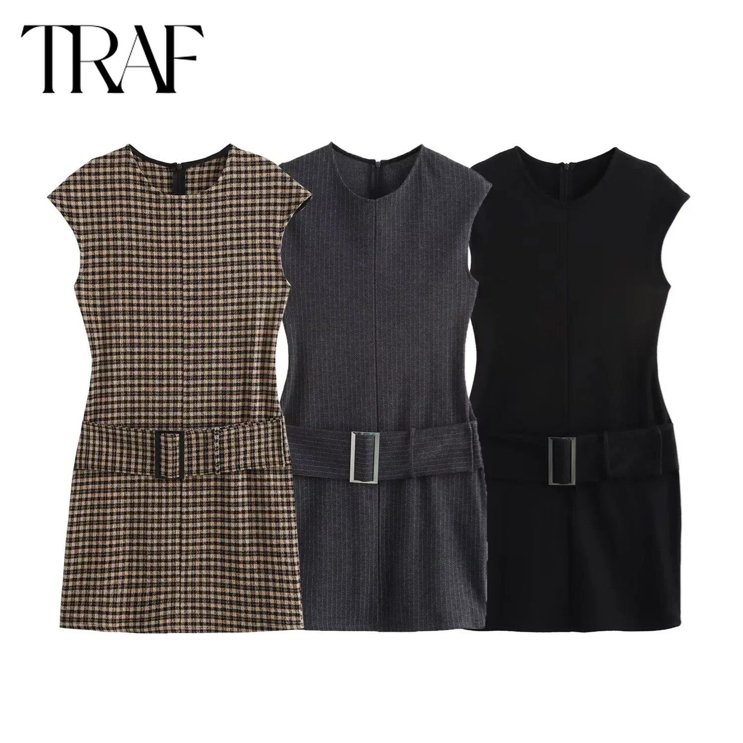 TRAF Dress for Women Fashion Autumn Winter New Plaid Belt Double Sided Cloth Dresses French Chic Female Evening Clothing