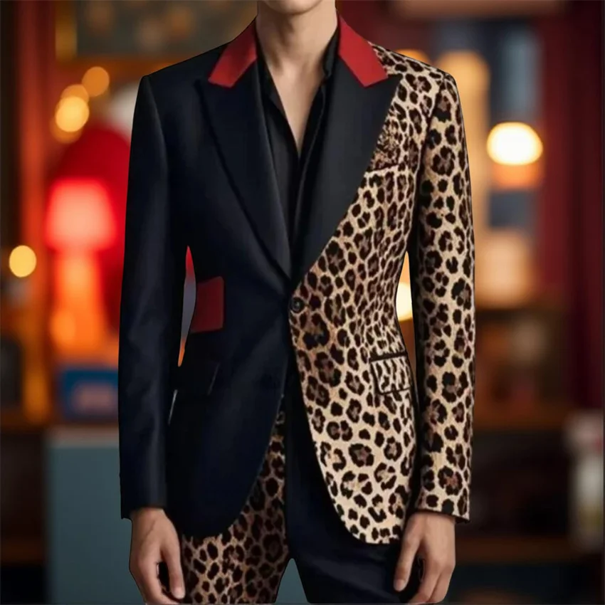 

Леопардовый мужской костюм для выпускного вечера, комплект из 2 предметов, приталенный мужской модный однобортный костюм для свадебной вечеринки, повседневный мужской костюм, комплект, куртка, брюки