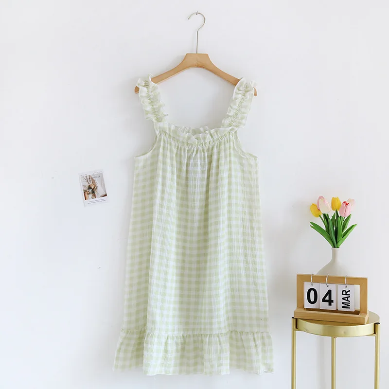 2024 New Summer Women\'s Suspended Dress 100% Cotton Crepe Sleeping Dress Ladies Plaid Loose Home Dress Sleepwear Dress Women