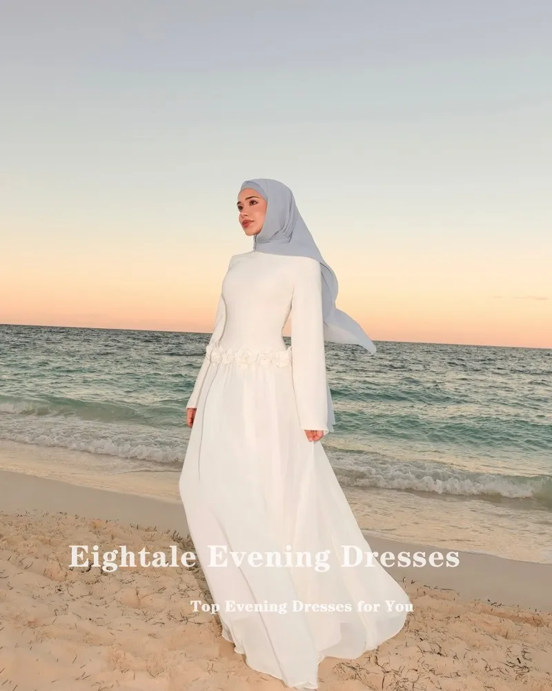 Eightale Arabic Wedding Dress O-Neck Customized Ivory Bridal Gown 3D Flowers Long Sleeves Bride Party Dress Vestido De Novia