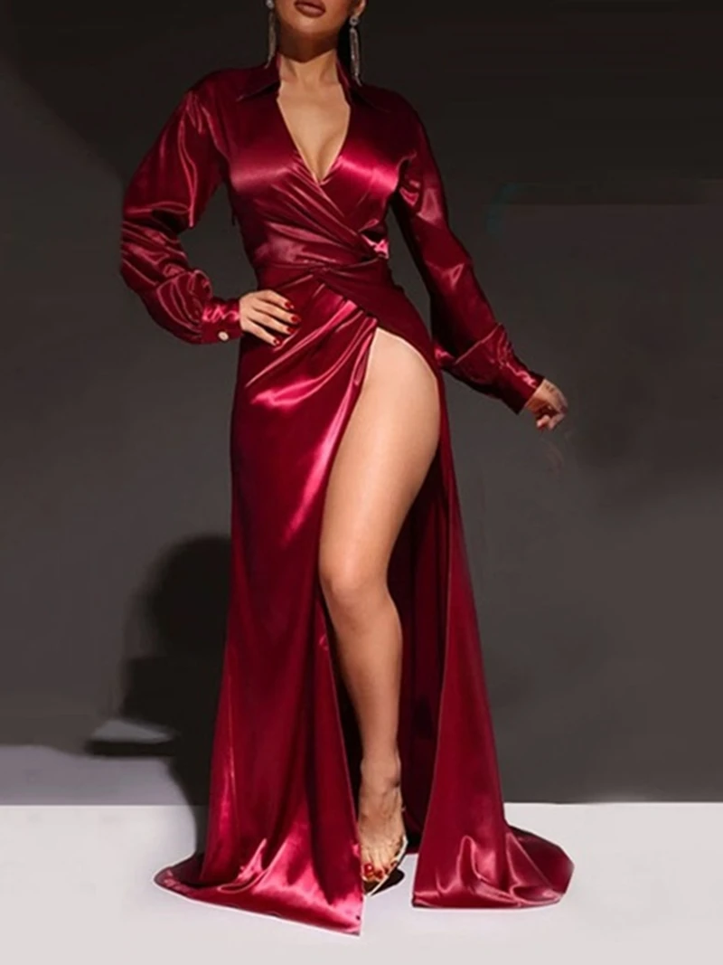 Sexy side slit manga comprida vestidos de noite para mulher 2022 com piso de comprimento a linha vestido de cintura alta vestidos elegantes para mujer