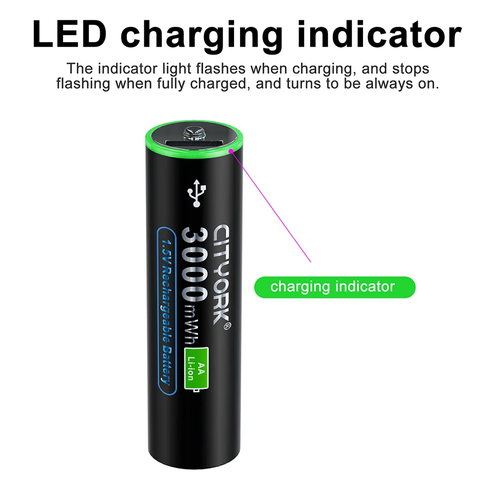CITYORK 충전식 리튬 이온 AA 배터리, USB 충전, MP3 플레이어 온도계용 AA 2A 셀, 3000mWh, 1.5V