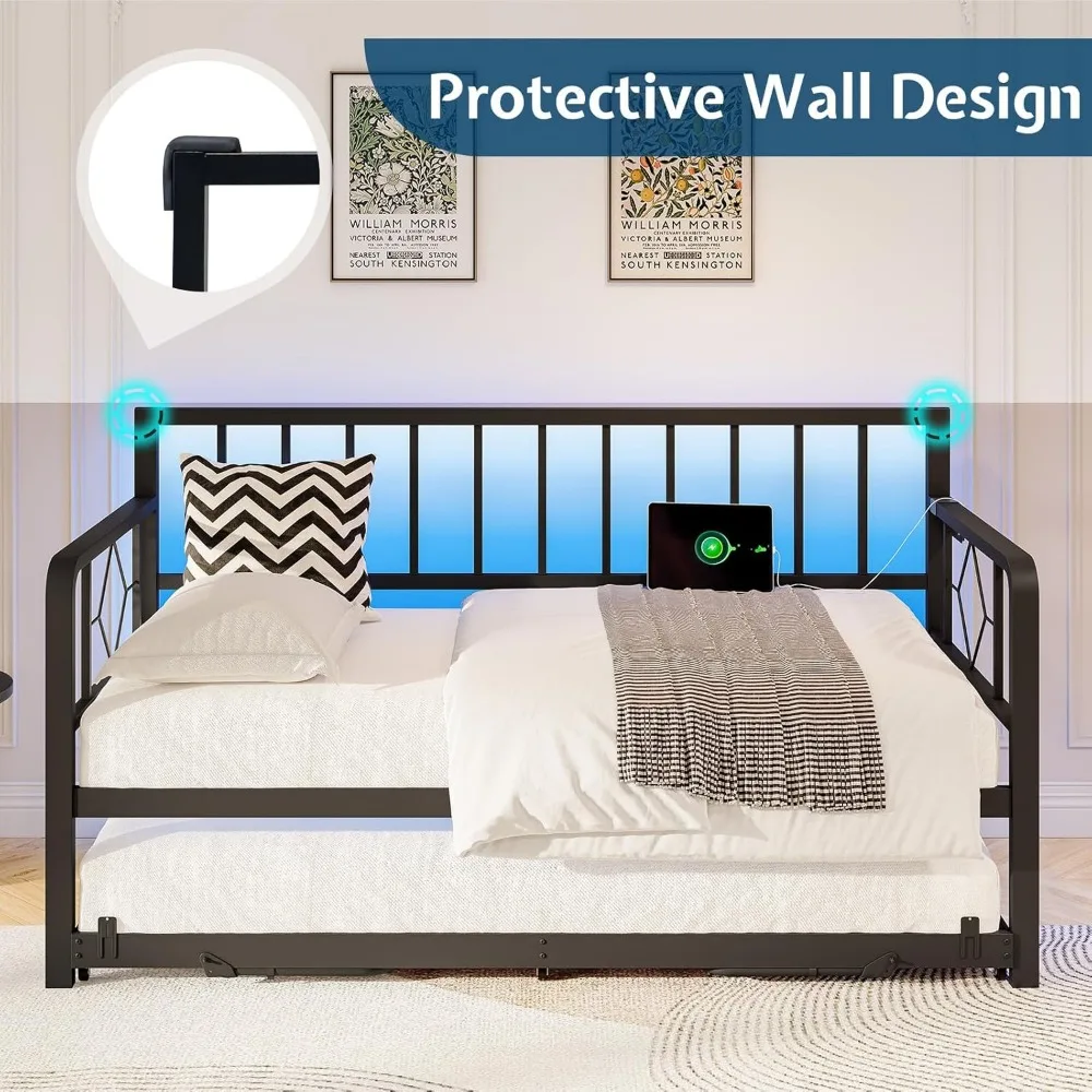 سرير نهاري مزدوج مع قاعدة شحن وأضواء LED، سرير نهاري معدني مزدوج مع دولاب، إطار سرير أريكة متعدد الاستخدامات مع فولاذ