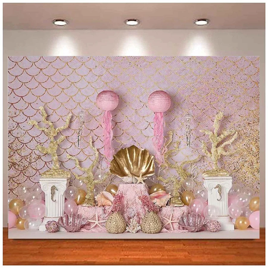 Photography Backdrop Pink Mermaid Under Sea Ocean Girl Shell 1st Birthday Cake Smash Decor Photo Background Banner Poster Studio