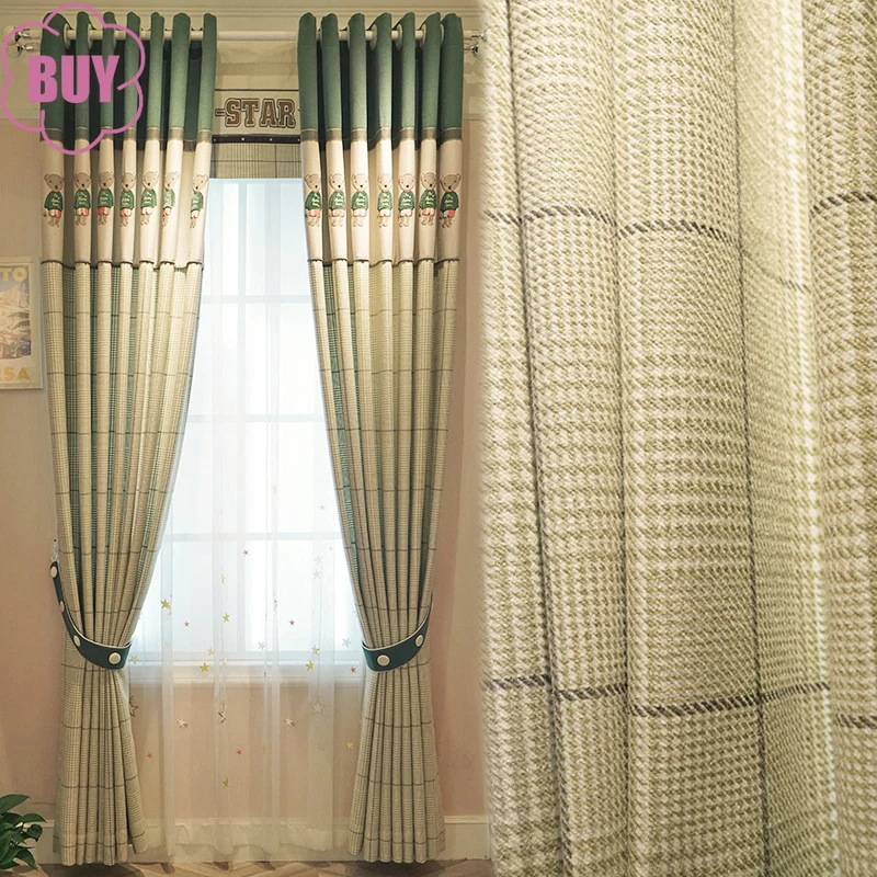 

Customized Children's Room Teddy Bear Jacquard Lattice Splicing Thickened Curtains for Living Room Bedroom French Window