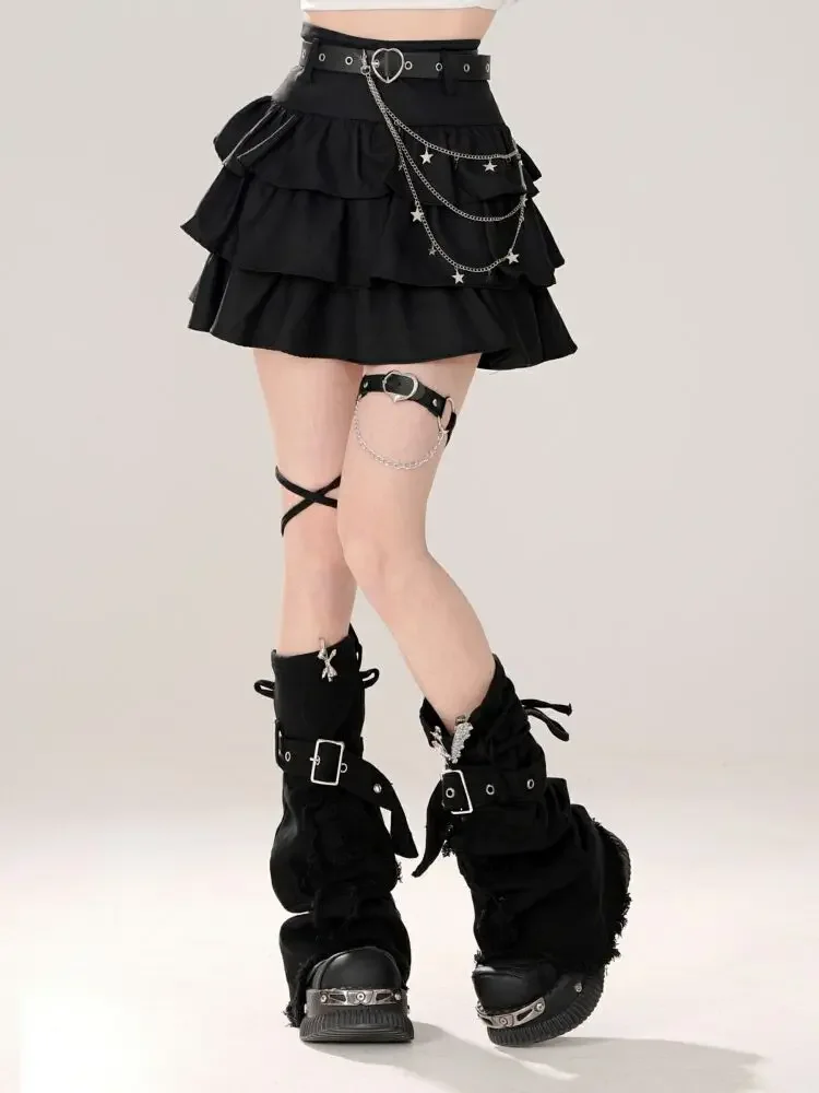 IMU Women Black Gothic A-line Cake Skirt Vintage Y2k Skirt Aesthetic Harajuku Korean Elegant Kawaii Emo Skirts 2000s Trashy Clot