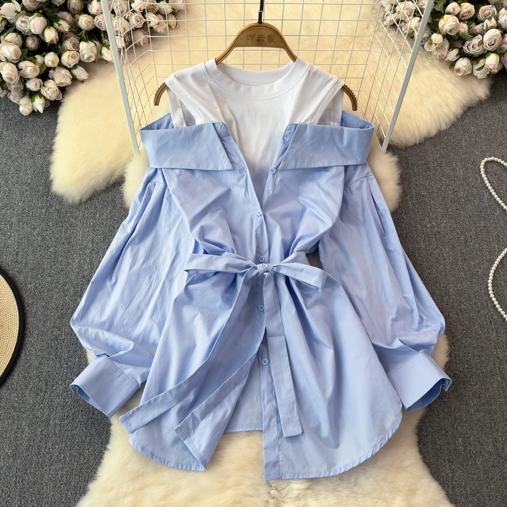 Women Fake Two Pieces Shirt Dress Contrast Off Shoulder Long Sleeve O-neck Long Blouses Female Spring Sumemr Stylish Tops Shirts