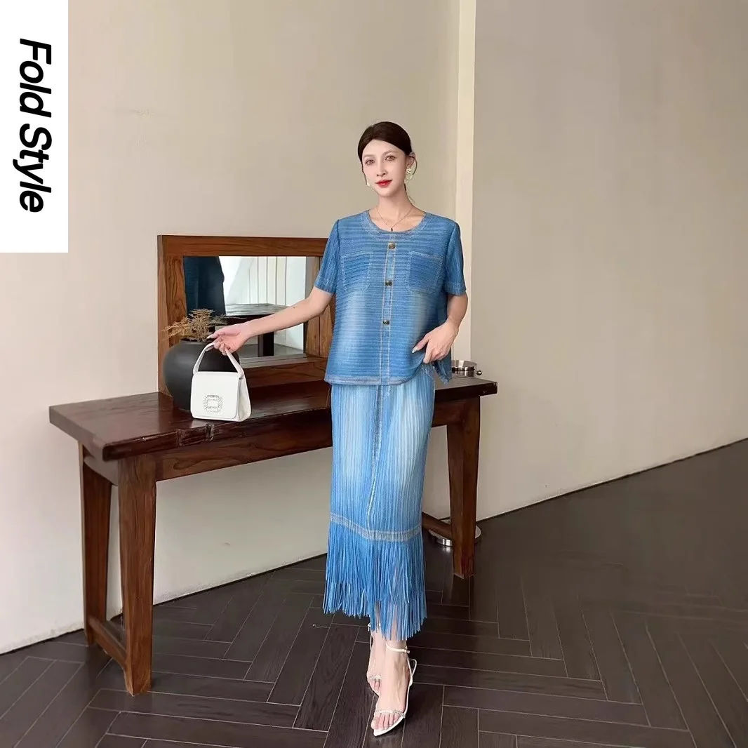 

Miyake Fold 2025 Summer New Fashion Temperament Loose Casual Retro Fashion Denim Top Skirt Suit Women