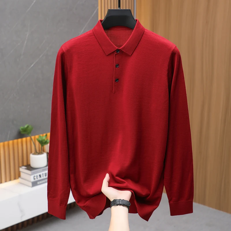 High Grade 100% Superfine Wool Polos Men Spring Autumn Classic Turn Down Knitwear Long Sleeve Worsted Wool Thin Tops Pullovers
