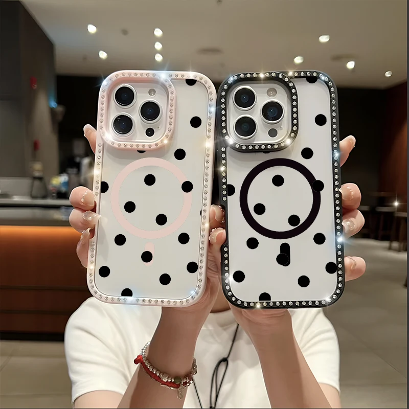 

Bling Polka Dots Magnetic Case for iPhone 17 Air 16 E 15 Pro Max 14 Plus 13 Pro 12 11 Luxury Camera Full Protection for MagSafe