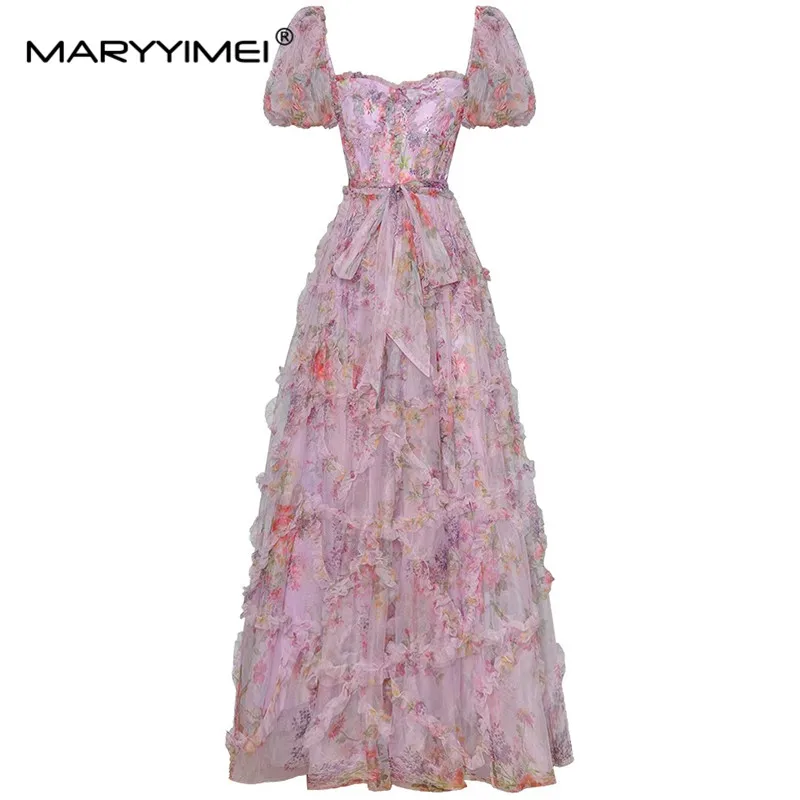 MARYYIMEI Fashion Designer Summer Women's dress Square Collar Backless Floral-Print Mesh Wood ear edge Lace up Holiday Dresses