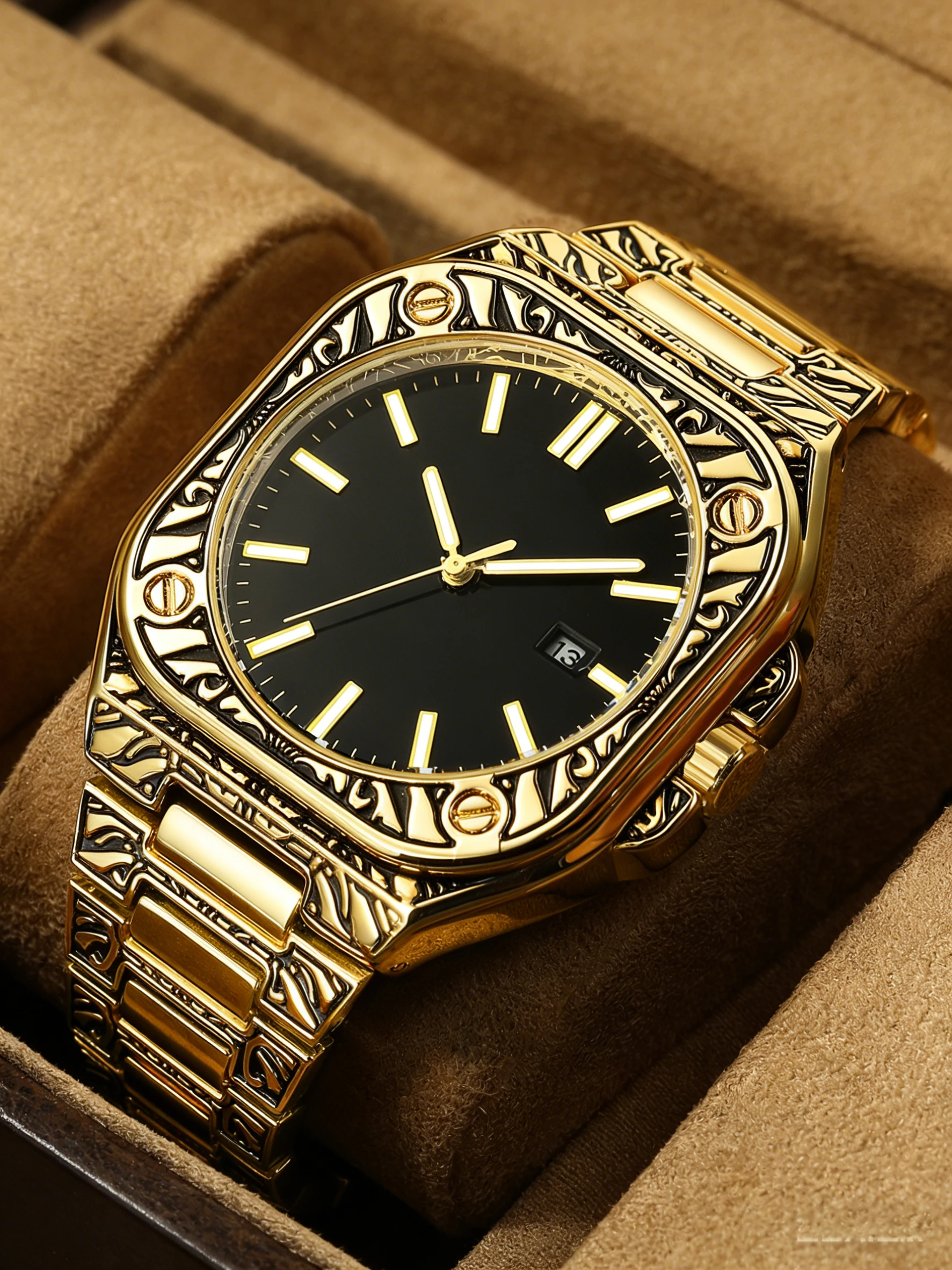 

Vintage carved dial gold watch men's fashionable luxury square quartz watch night light pointer date display waterproof watch