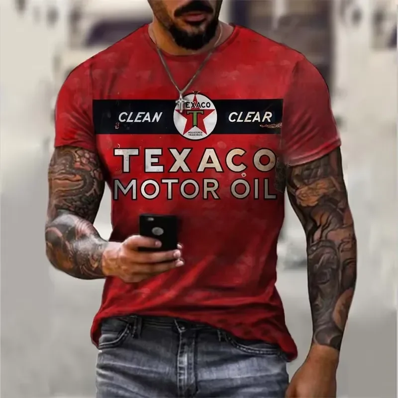 3D Digital Print Men's Texaco Motor Oil T Shirt Retro Vintage Crew Neck Short Sleeve Casual Streetwear Breathable Tee 2026
