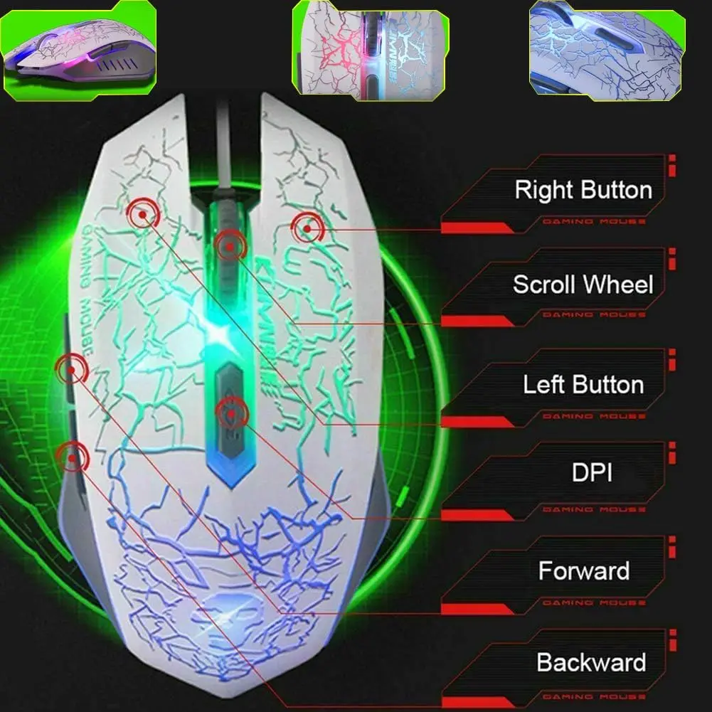 مجموعة لوحة مفاتيح وماوس للألعاب بتصميم أمريكي مريح بألوان قوس قزح بإضاءة خلفية قوس قزح + 2400 ديسيبل متوحد الخواص 6 أزرار ماوس قوس قزح LED + لوحة ماوس
