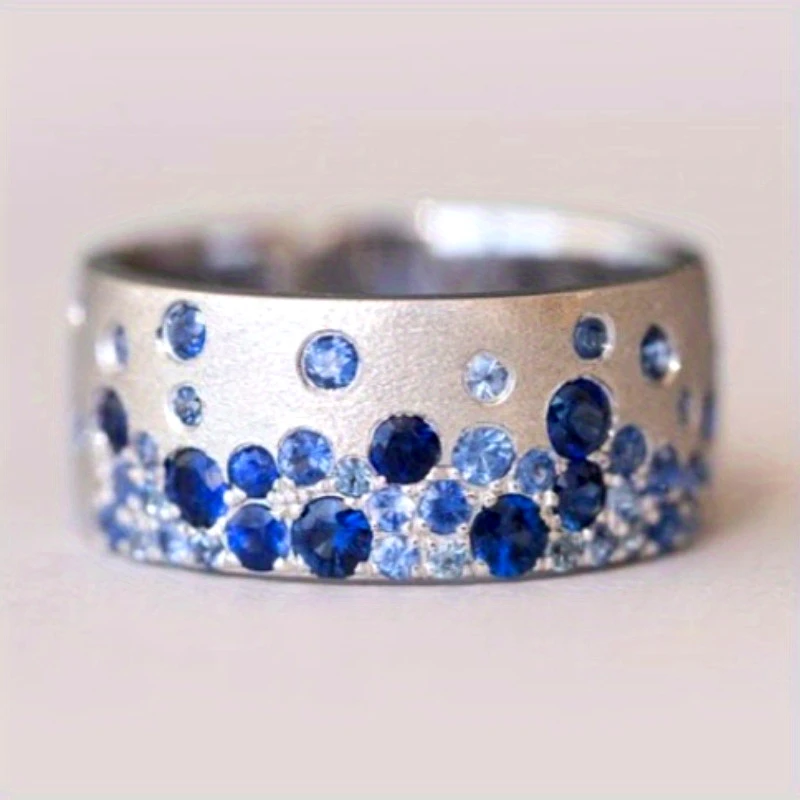 Classic Fashion Wide Face Blue Zircon Ring for Women Elegant Temperament Personality Wedding Jewelry Exquisite Gift