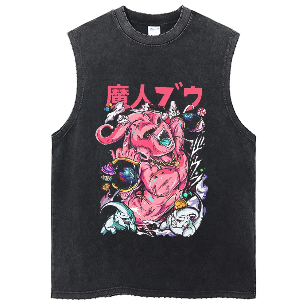 Anime Graphic Dragon Ball Print Sleeveless Casual T-Shirts Loose Fashion Tank Tops Tees Retro Washed Japanese Man Oversize Vest