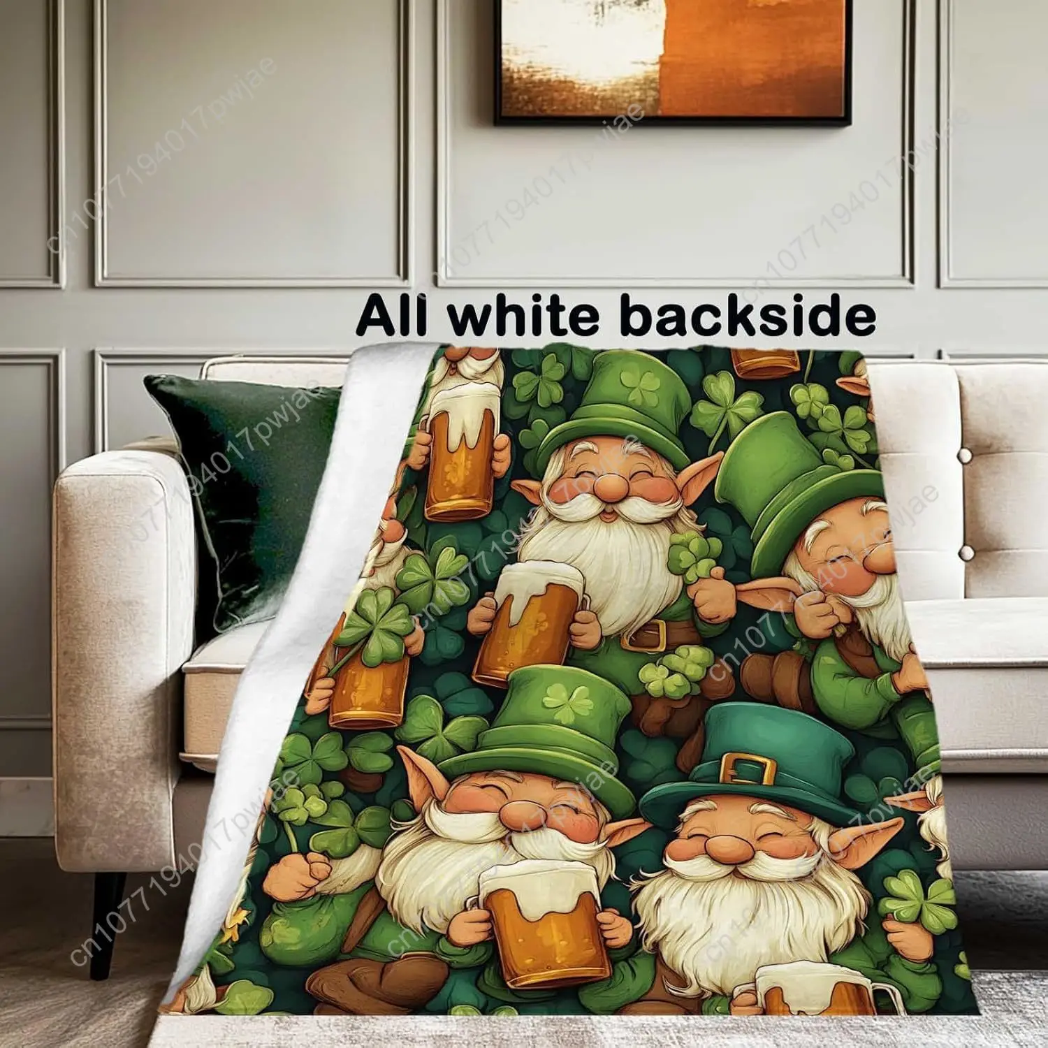 St. Patrick’s Day Gnome Throw Blanket with Beer Mugs Shamrocks, Cozy Green Blanket for All Ages Perfect for St Custom blankets