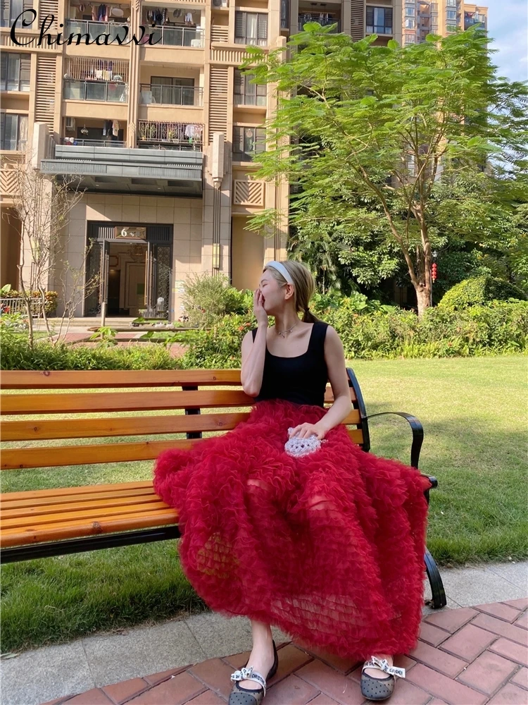 High-End Rose Red Petals Tulle Skirt Summer Fashion High Waist Slim Fluffy Umbrella Skirt Pleated Layered Ruffled Skirts Women