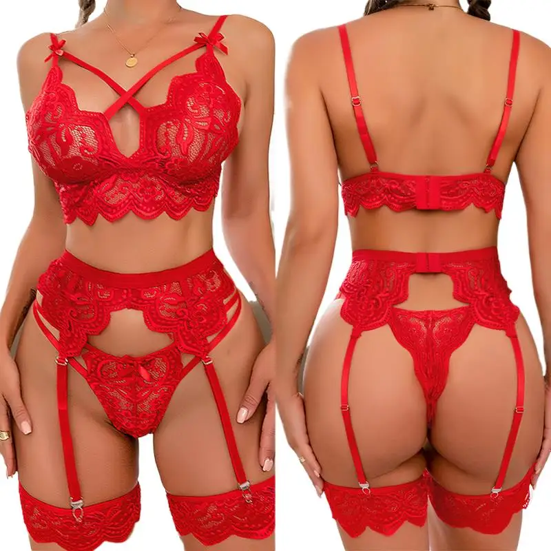 Lingerie transparente pour femmes, sous-vêtements transparents, ensembles de Lingerie ajourés, ensemble trois pièces, Costumes Sexy féminins