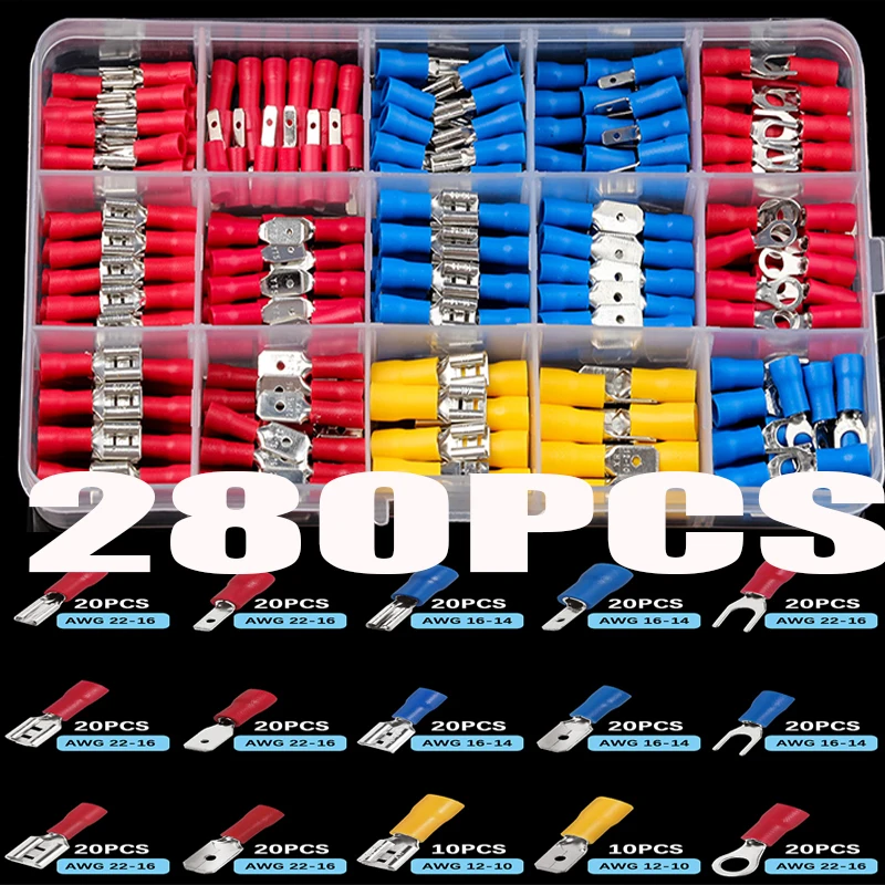 

280Pcs Assorted Spade Terminals Insulated Cable Connector Electrical Wire Crimp Butt Ring Fork Set Ring Lugs Rolled Kit