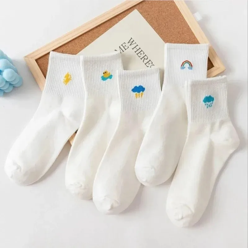 5 Pairs of Women's Socks Set Spring and Autumn White Cartoon Socks Women's Cute Pure Cotton Weather Socks Fun Sock