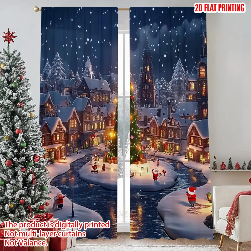 

2pcs 2D flat printing Christmas Window Curtains village house 100% Polyester Without Electricity Family Party for Photo Booths &