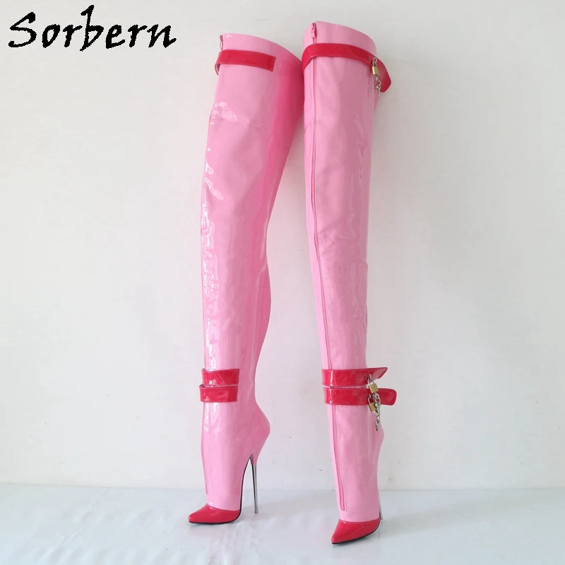 Sorbern 6 Locks Front Zipper Crotch Thigh High Boots Ballet Metal High Heels Sm Pinup Shoes Custom Fetish Shoes Custom Colors