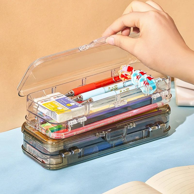 Imagem -03 - Multifuncional Transparente Pen Box para Meninos e Meninas Camadas Duplas Clear Pencil Case Organizador de Papelaria para Estudantes