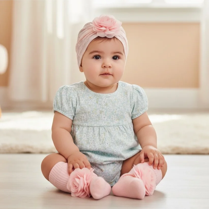 2Pcs Newborn Baby Summer Hat Socks Set Flower Beanies 0-9M Infant Girls Turban Cap Anti-slip Socks Girl Headwraps Accessories