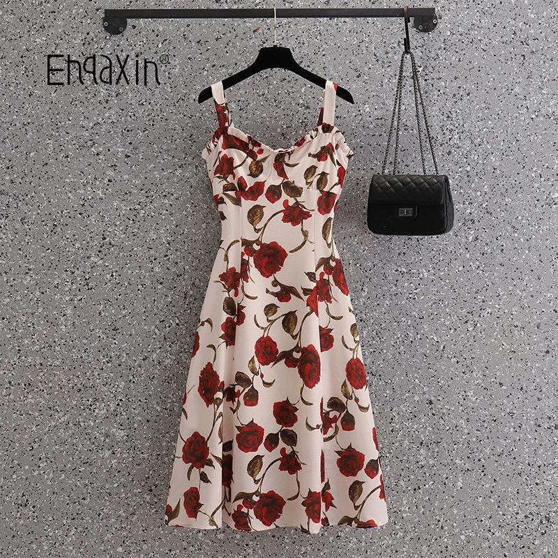 

EHQAXIN Summer French Ladies Sling Floral Dress Elegant Retro Casual Fungus Edge Square Neck A-Line Long Dresses Female L-4XL