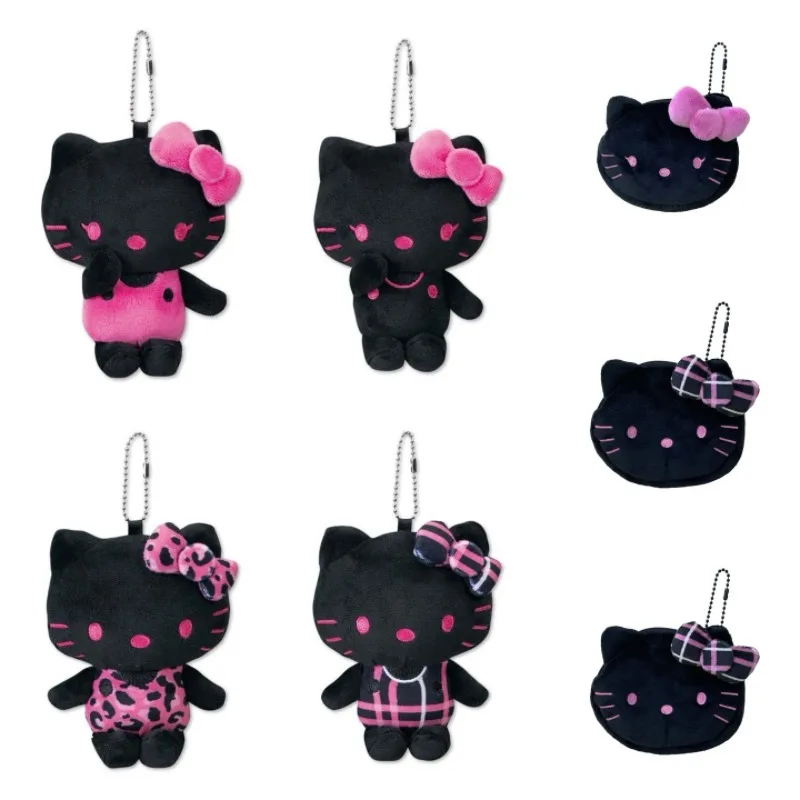 Sanrio All black Hello Kitty fluffy plush toy Keychain Kawaii Cartoon black pink Kitty Bag Car key ring Girly Plush Coin Purse