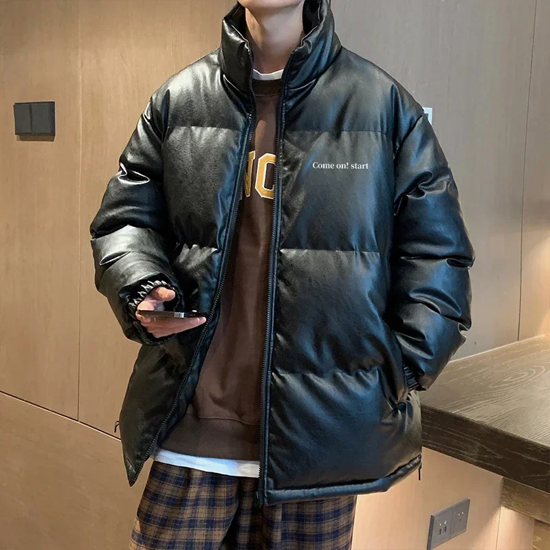 Fashion Pure Color Stand Collar Men's Motorcycle Pu Puffer Jacket Thicken Cotton Padded Winter Faux Leather Coat Parka Men