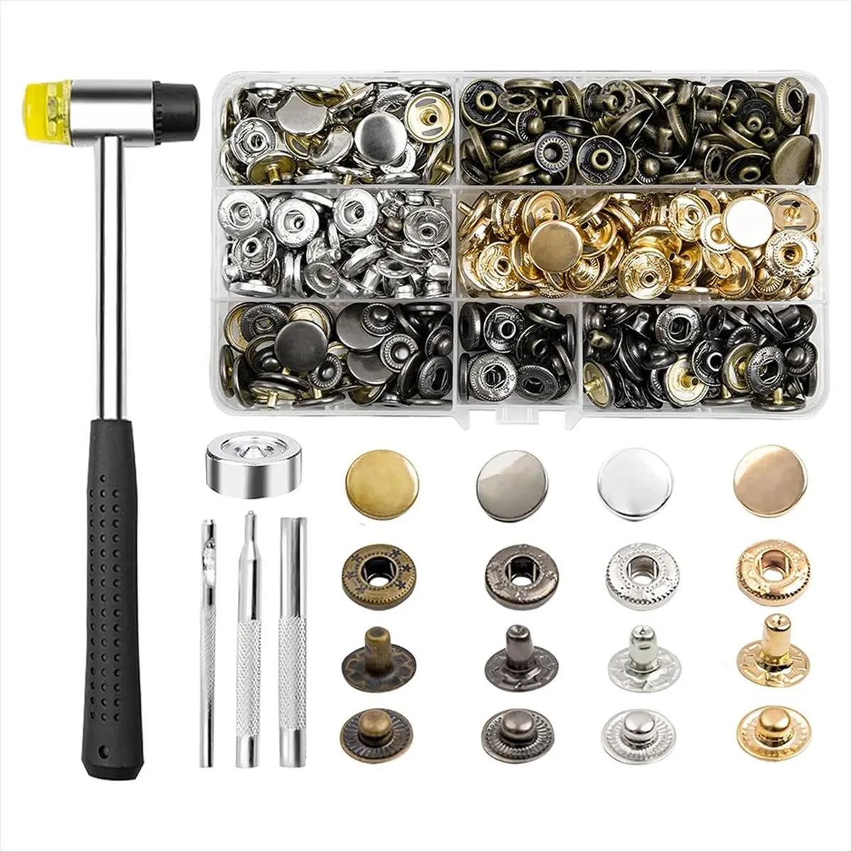 ABNH 120 Sets Metal Snap Buttons, 15mm PU Leather Snap Fasteners Kit with 5 Pieces Fixing Tools, 6 Colors Craft Snaps