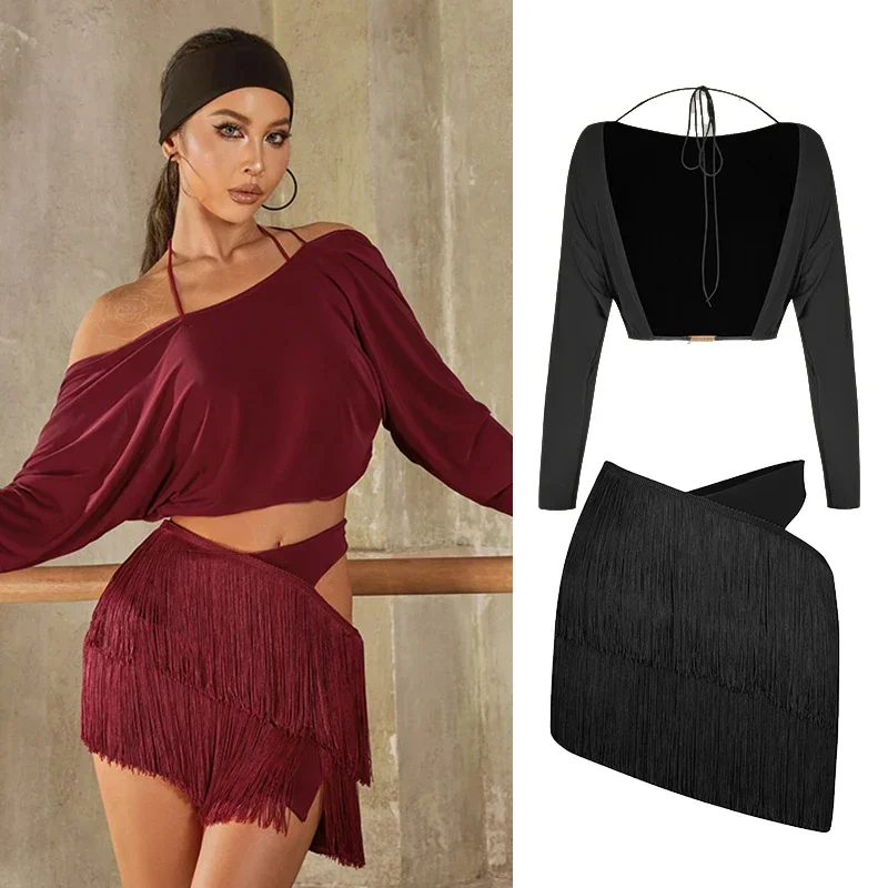 Sexy Backless Slant Shoulder Latin Dance Tops Irregular Fringe Skirt Women Rumba Cha Cha Latin Dance Clothes Red Black Dress