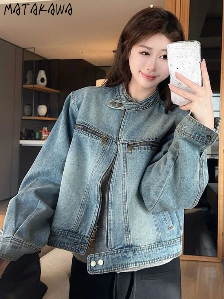 

Matakawa джинсовые куртки женские на молнии корейская мода однотонные весенне-осенние Chaquetas винтажная уличная одежда свободные Jaqueta Feminina