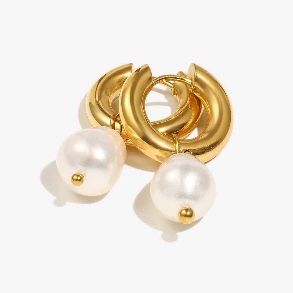 E.B.belle 2024 New Minimalist Waterproof Stainless Steel Jewelry Woman Earring Natural Freshwater Pearl Hoop Earrings For Women