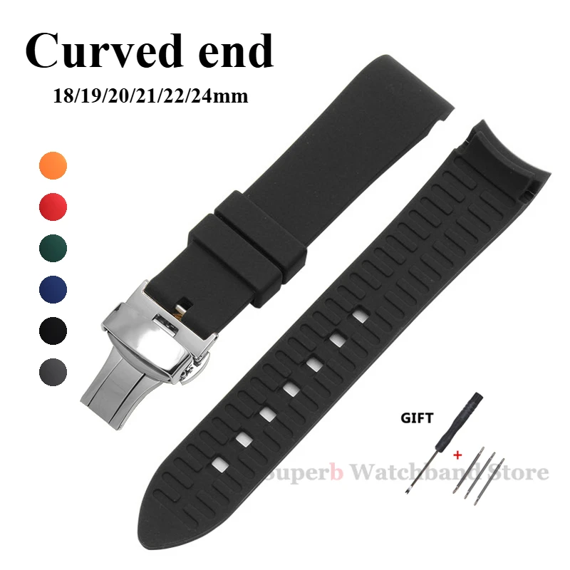 

18mm 19mm 20mm 21mm 22mm Curved End Universal Silicone Strap for Seiko Butterfly Buckle Watch Band Soft Waterproof Bracelet