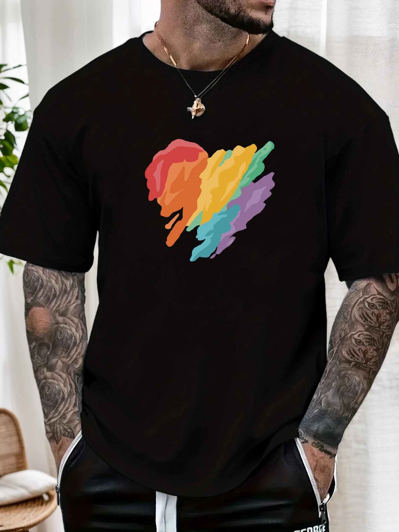 

Men's Casual T-shirt Rainbow Heart Print Short Sleeve Round Neck Breathable Soft Oversized Vibrant Daily Wear Tee