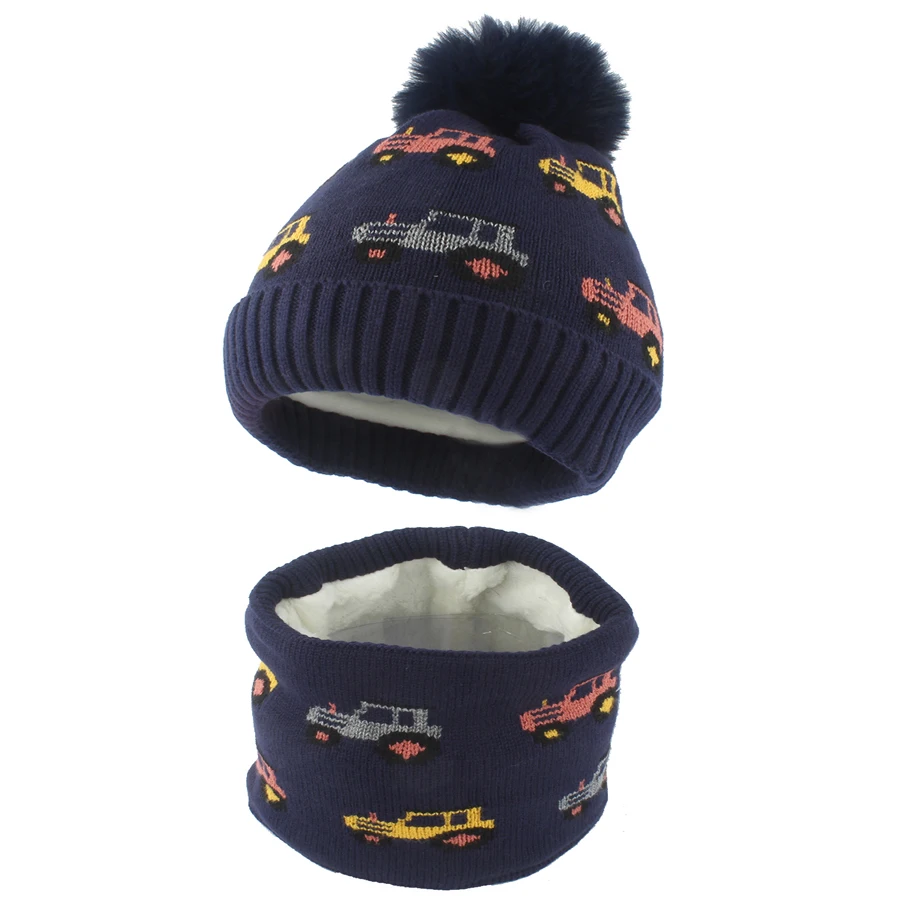 Children Hat Scraf Set Boys Cartoon Car Jacquard Winter Fleece lining Ear Protection Beanies Warm Knitted Thick Ski Cap Kids