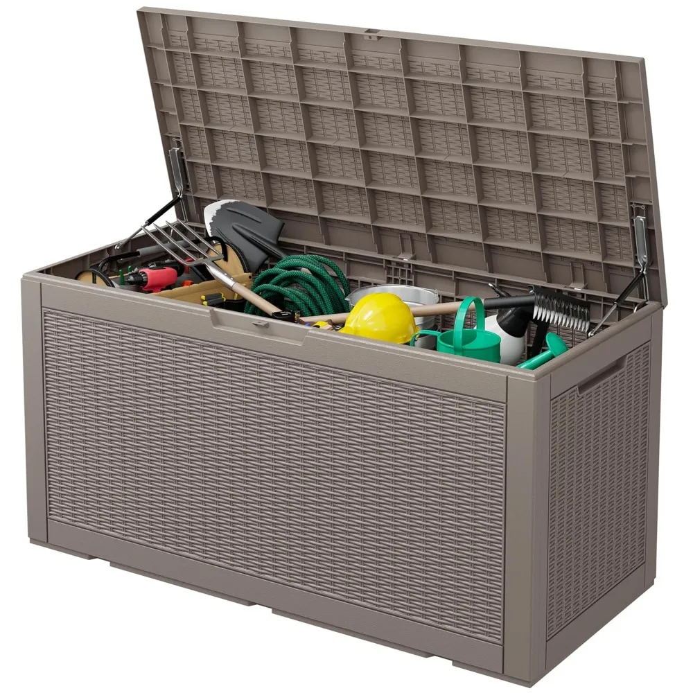 

100-галонный ящик для хранения на открытом воздухе, водонепроницаемый, запираемый ящик для хранения патио, уличный водонепроницаемый ящик для мебели, двойная коробка для террасы из смолы