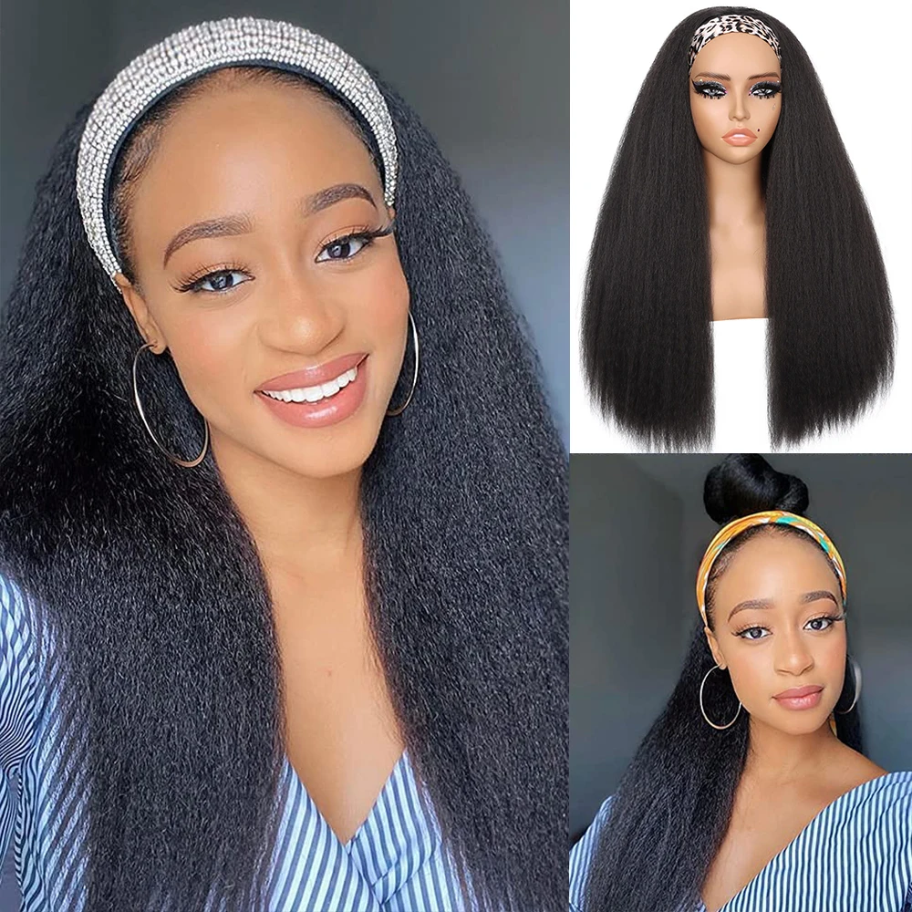 Кудрявый прямой парик с повязкой на голову для женщин, прямые парики яки с черной повязкой на голову, синтетические волосы, легко стираются, без кружева спереди
