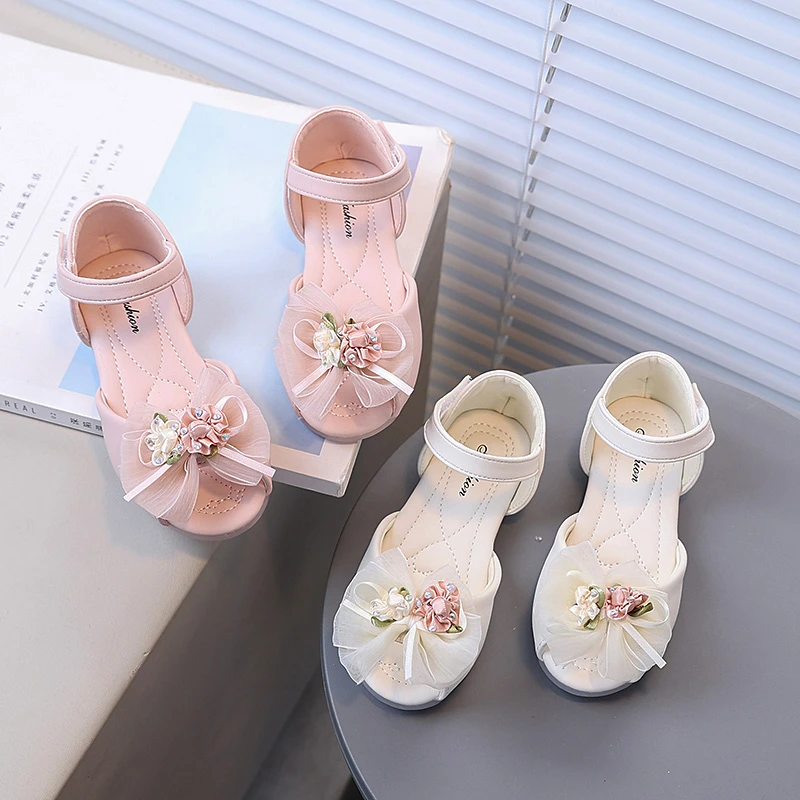 Summer Girl's Sandals For Toddler Flower Peep Toe Kids Slippers Pink Beige Sweet Flexiable Sole Light Children Footwear 21-30
