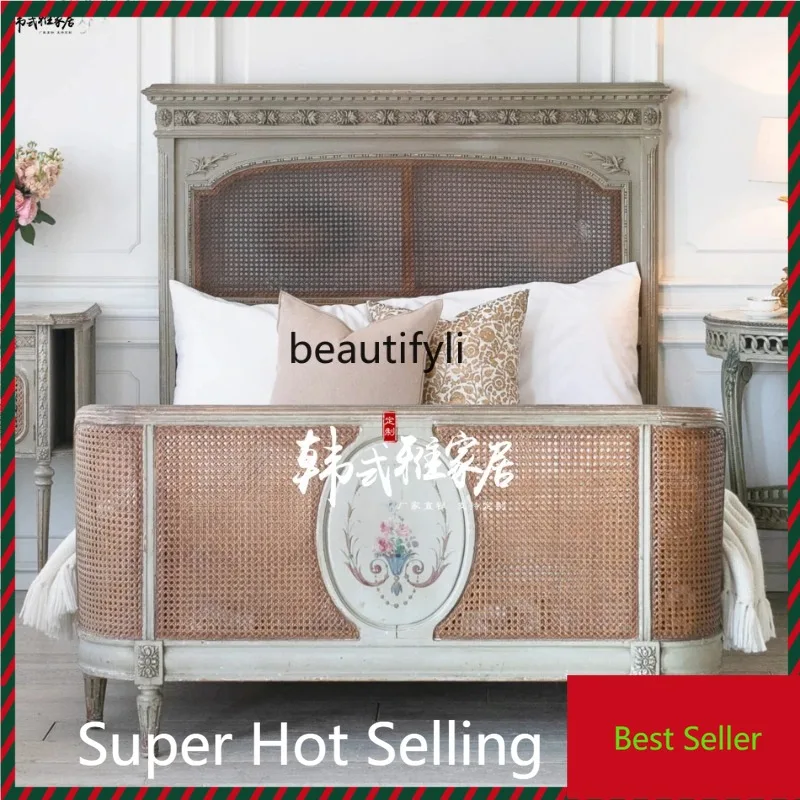 

QQ132 Rattan Queen Bed American Style French Style Vintage Solid Wood Double Bed Antique Bed