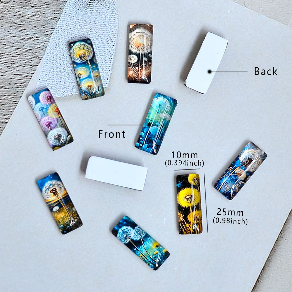10pcs Assorted 10x25mm Rectangle Glass Cabochons  Dandelion Art Paintings- Ideal for DIY Jewelry Making & Crafts