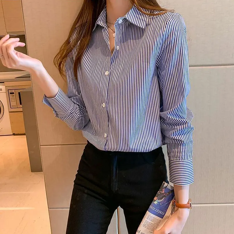 Commute Striped Printed Blouse All-match Spring Autumn Long Sleeve Women\'s Clothing Casual Loose Fashion Single-breasted Shirt