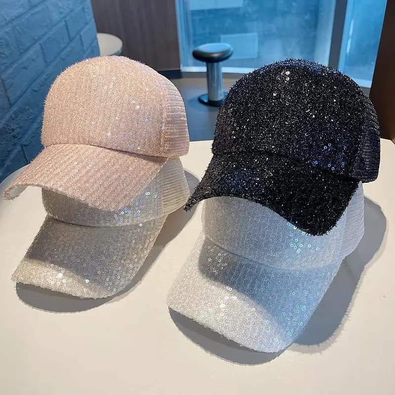 Spring/Summer Crystal Mesh Baseball Cap, Sequin Sun Hat for Women