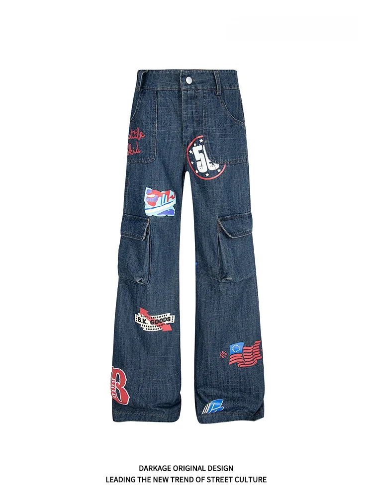 kage American Retro Print Straight Leg Workwear Jeans Women's High Waist Loose Slimming Wide Leg Spring New Sle