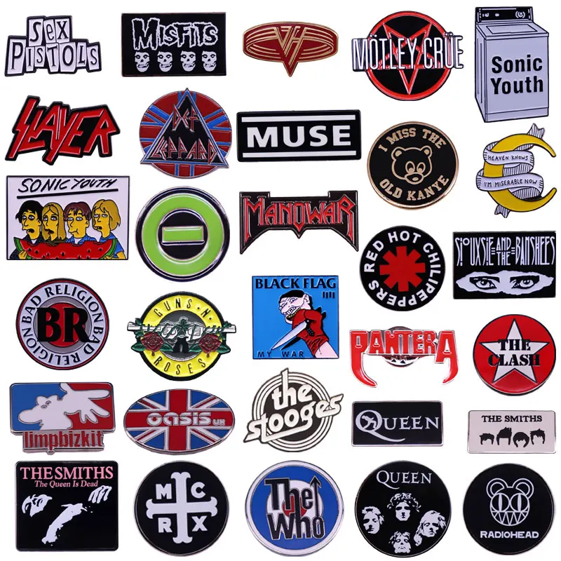 Various Classic Pop Rock Band Logo Collection Cartoon Metal Brooch Collar Hat Pin Decoration Lapel Badge Music Lovers Fans Gift