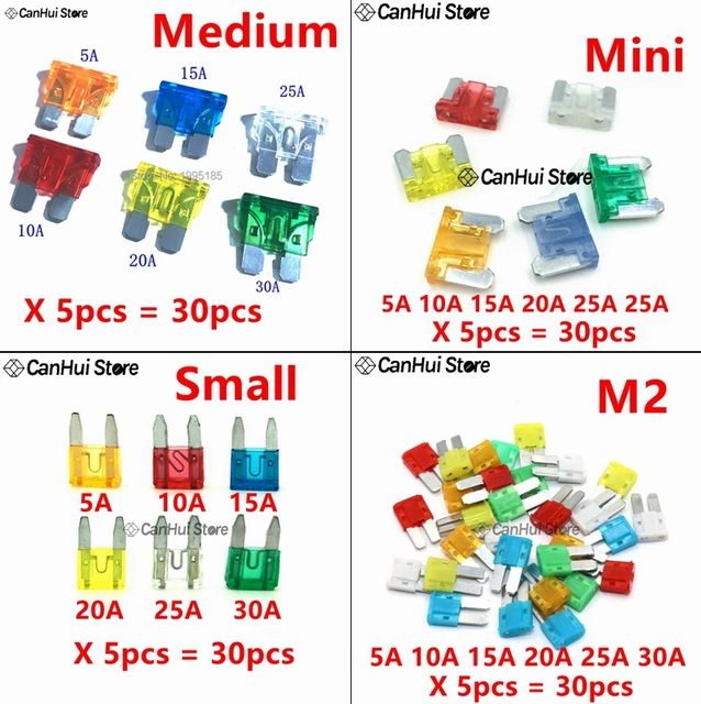 30 sztuk 5A10A15A20A25A30A x 5 sztuk M2/Mini/mały/średni zestaw bezpieczników samochodowych mieszane Mini standardowy bezpiecznik płaski do samochodu ciężarowego łódź motoryzacyjna